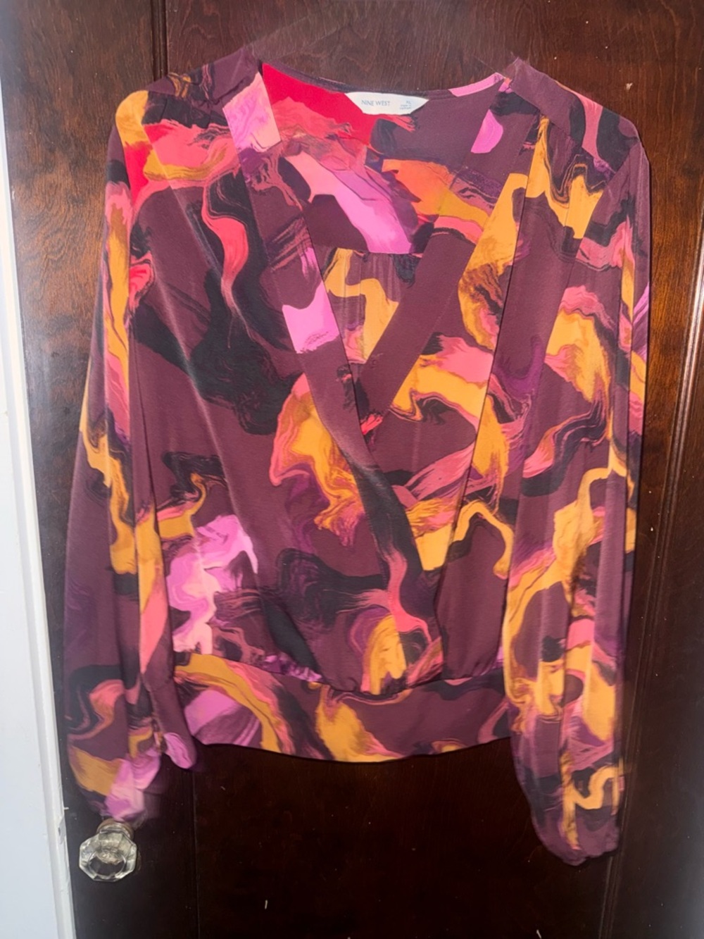 Nine West Marbled Surplice Blouse in Burgundy, Pink & Yellow